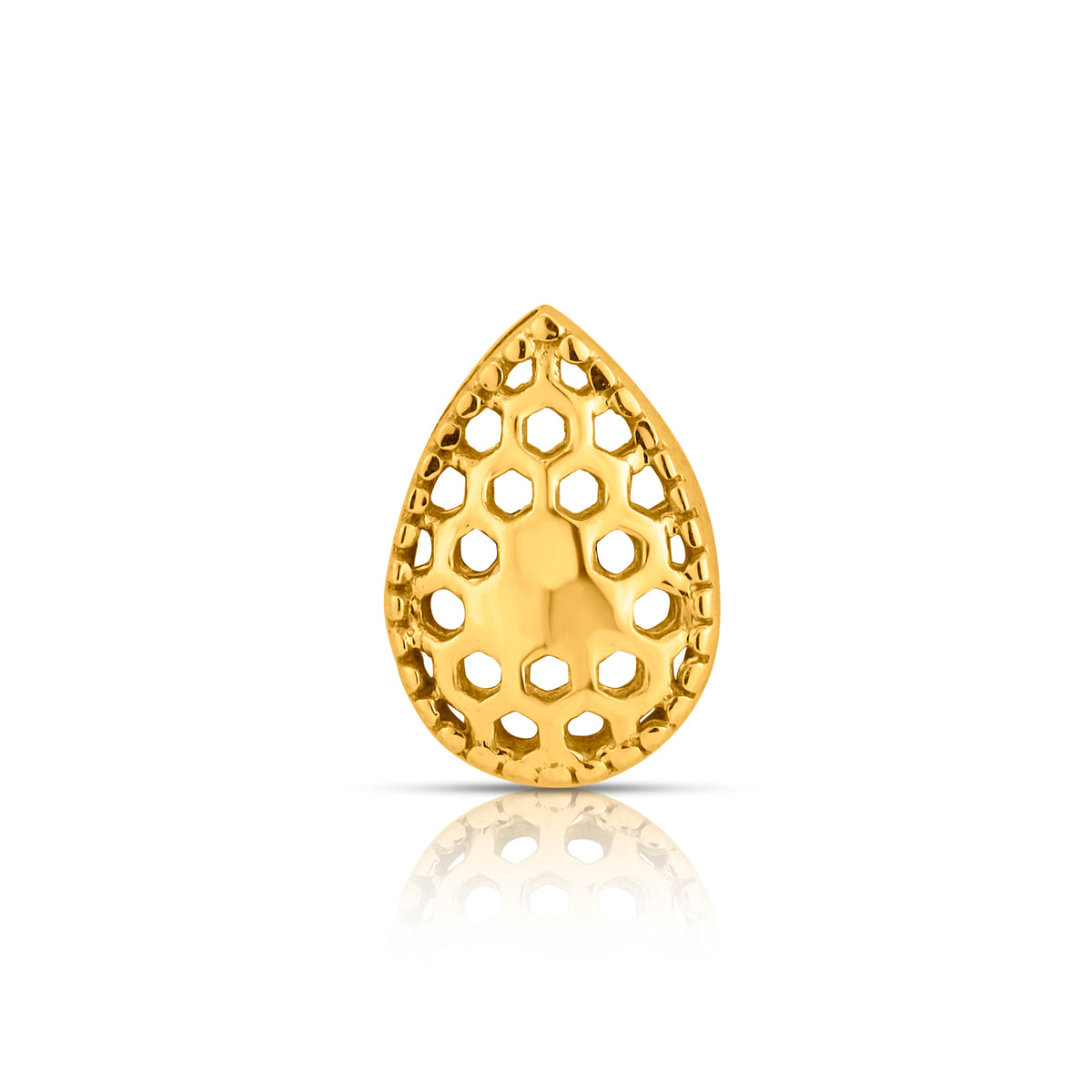 Front view of teardrop shaped gold nose pin design with intricate openwork pattern ideal for indian jewellery lovers