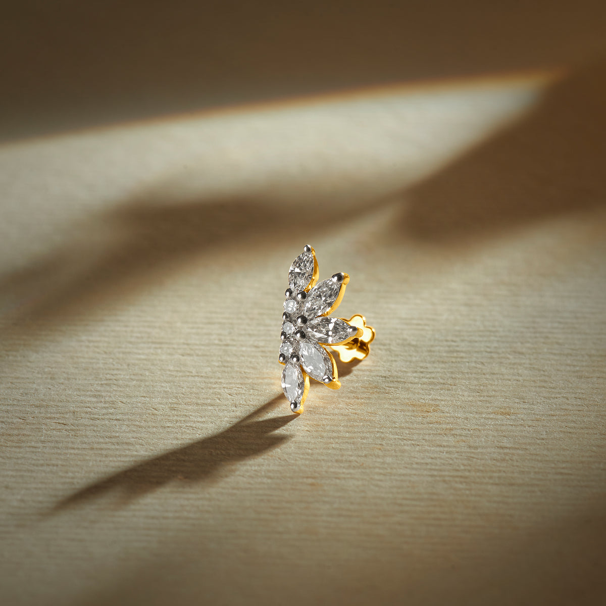 Lily Inspired Gold and Diamond Nose Pin for Women - Marquise Petal Flower Design with Pave Center, Statement Nose Stud Online