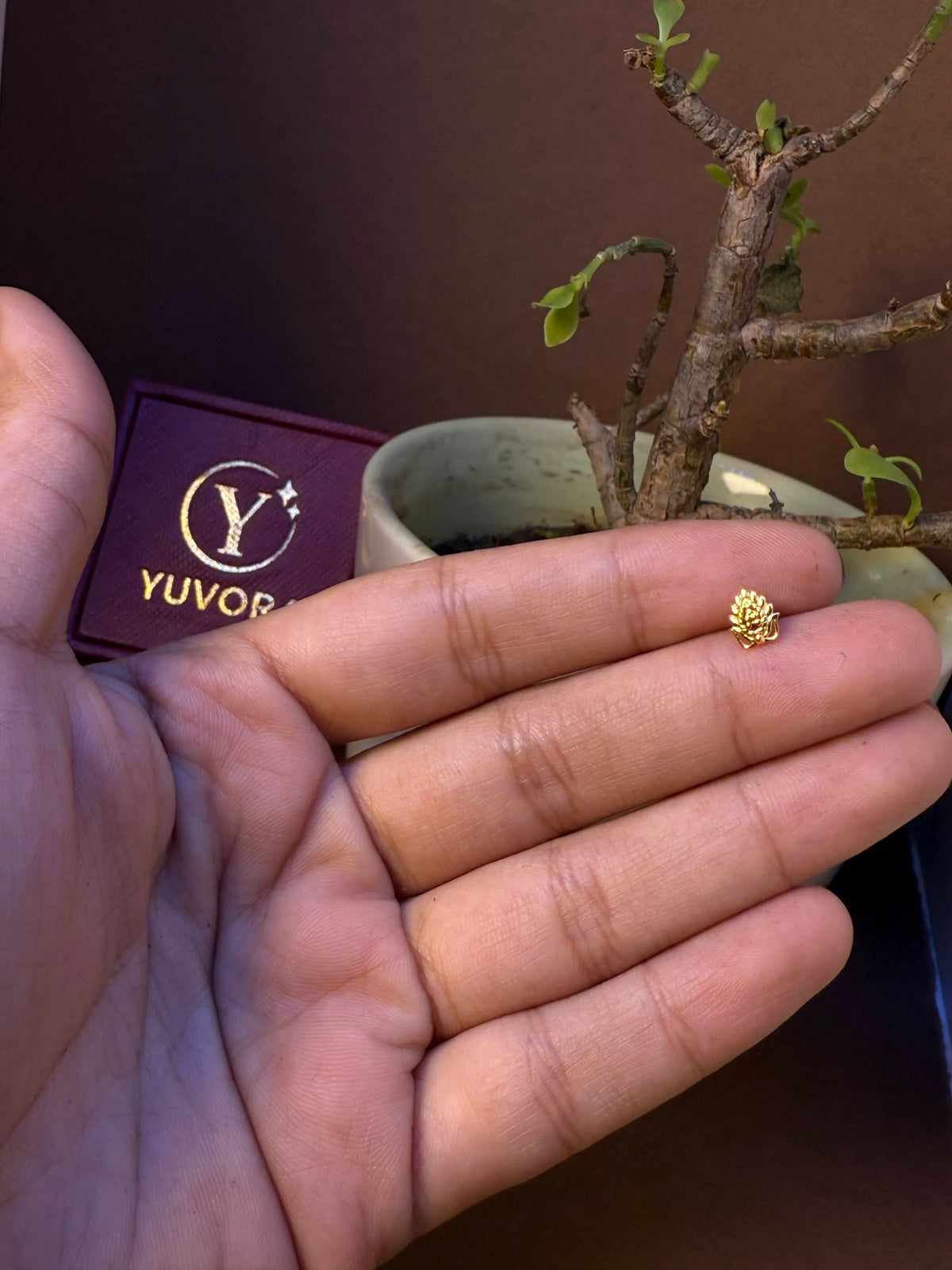 Tiny textured gold nose pin with cluster design held in hand, Yuvora jewelry box in background