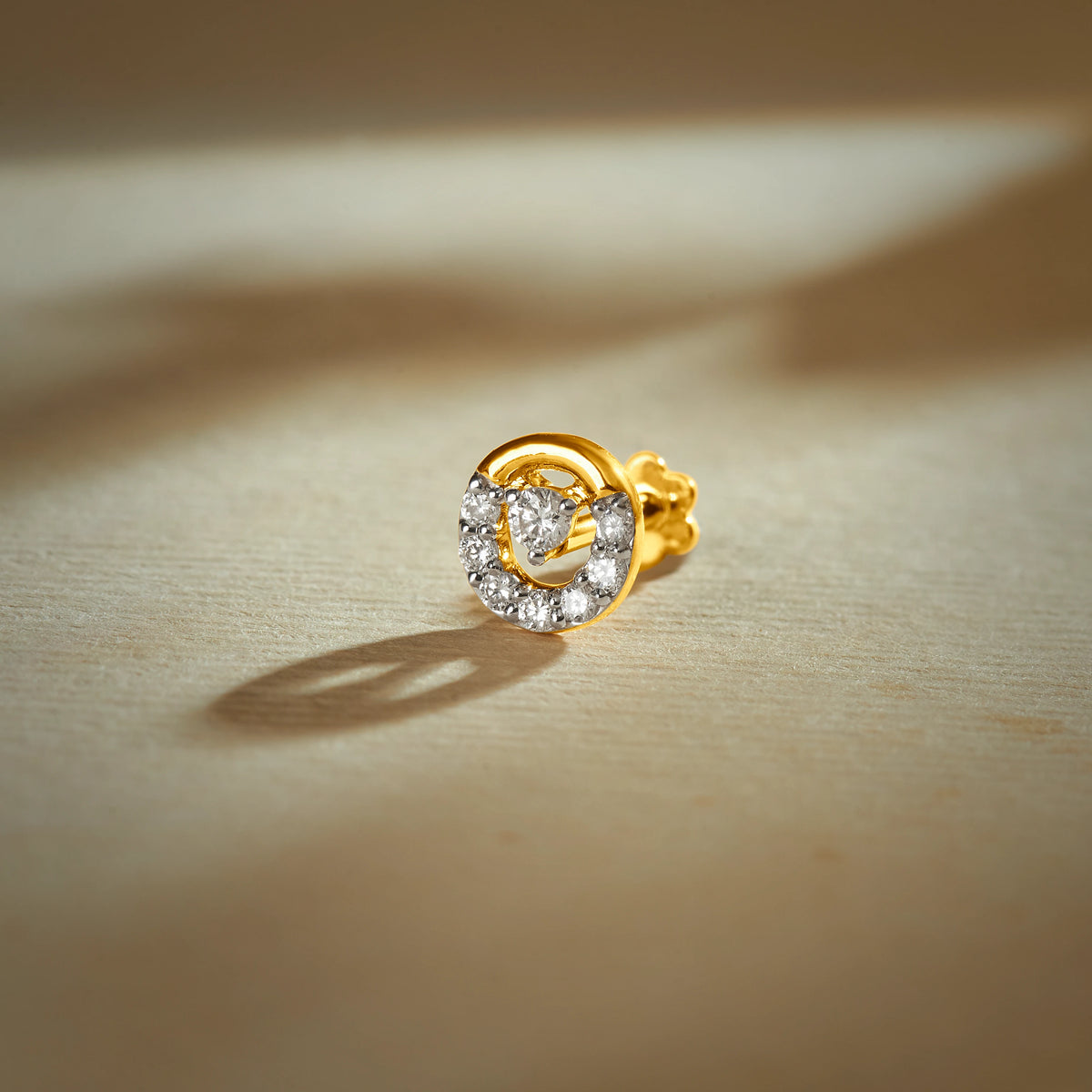 Orbit Luna Gold and Diamond Nose Pin - Bezel Set Center Stone with Fanned Diamond Accents, Elegant Nose Stud Online