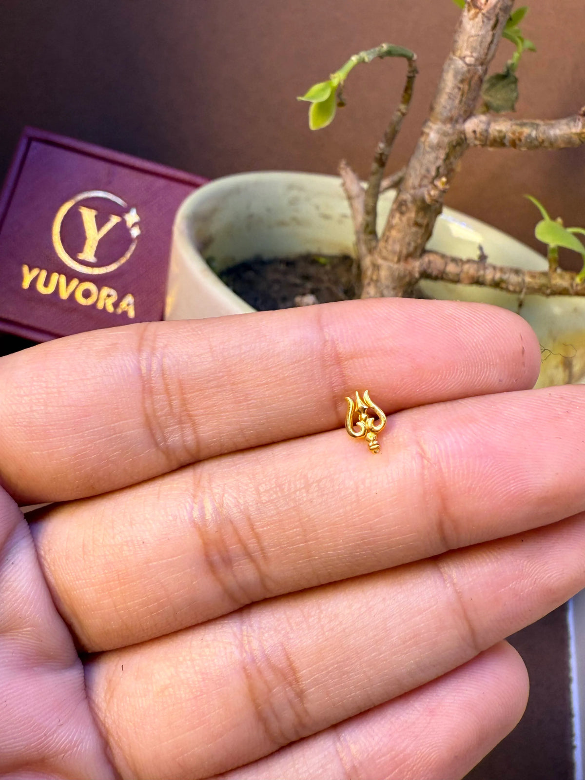 Traditional paisley-shaped gold nose pin with mango motif, held in hand