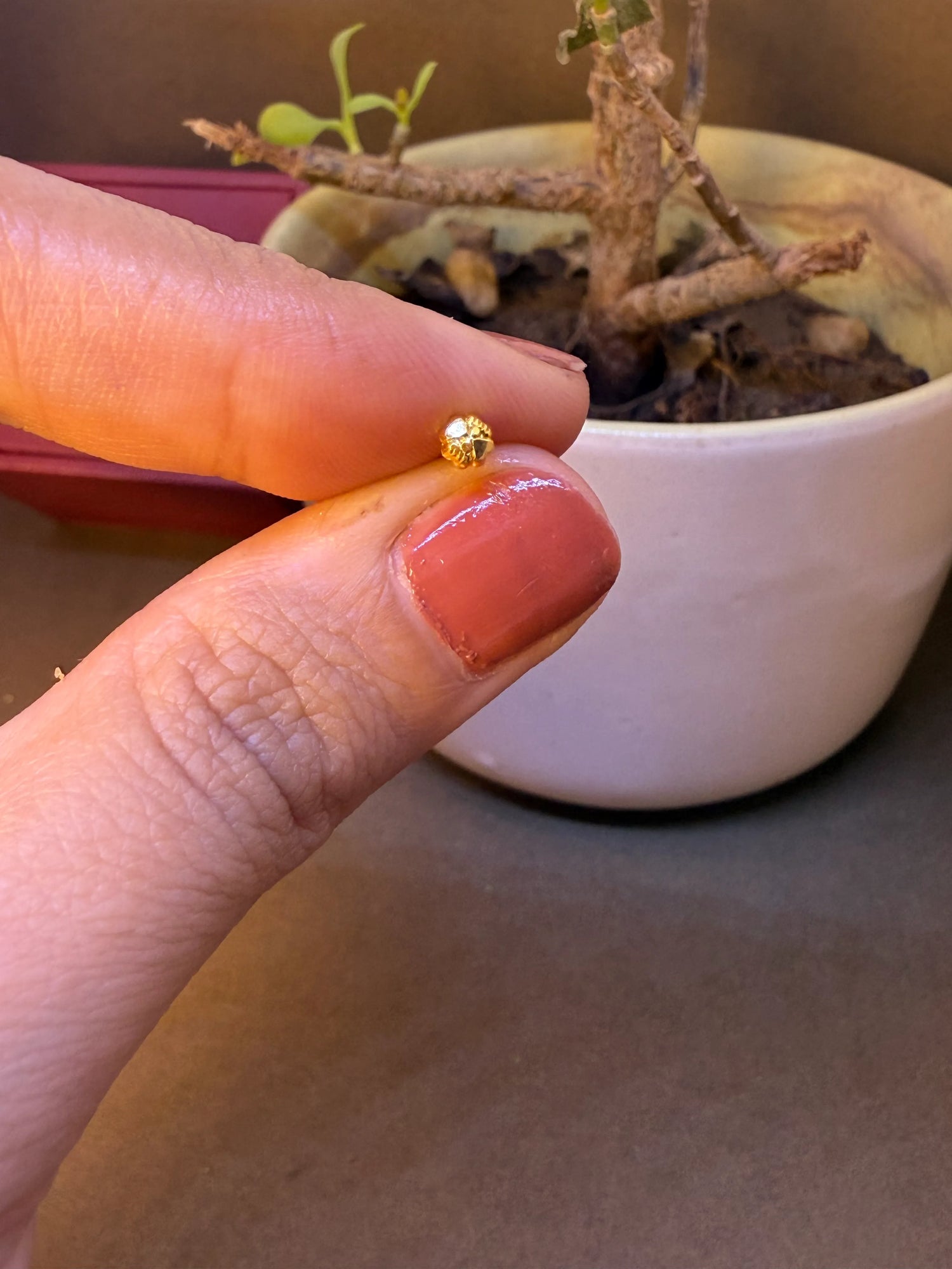 Small round gold nose pin with textured surface, held between fingertips