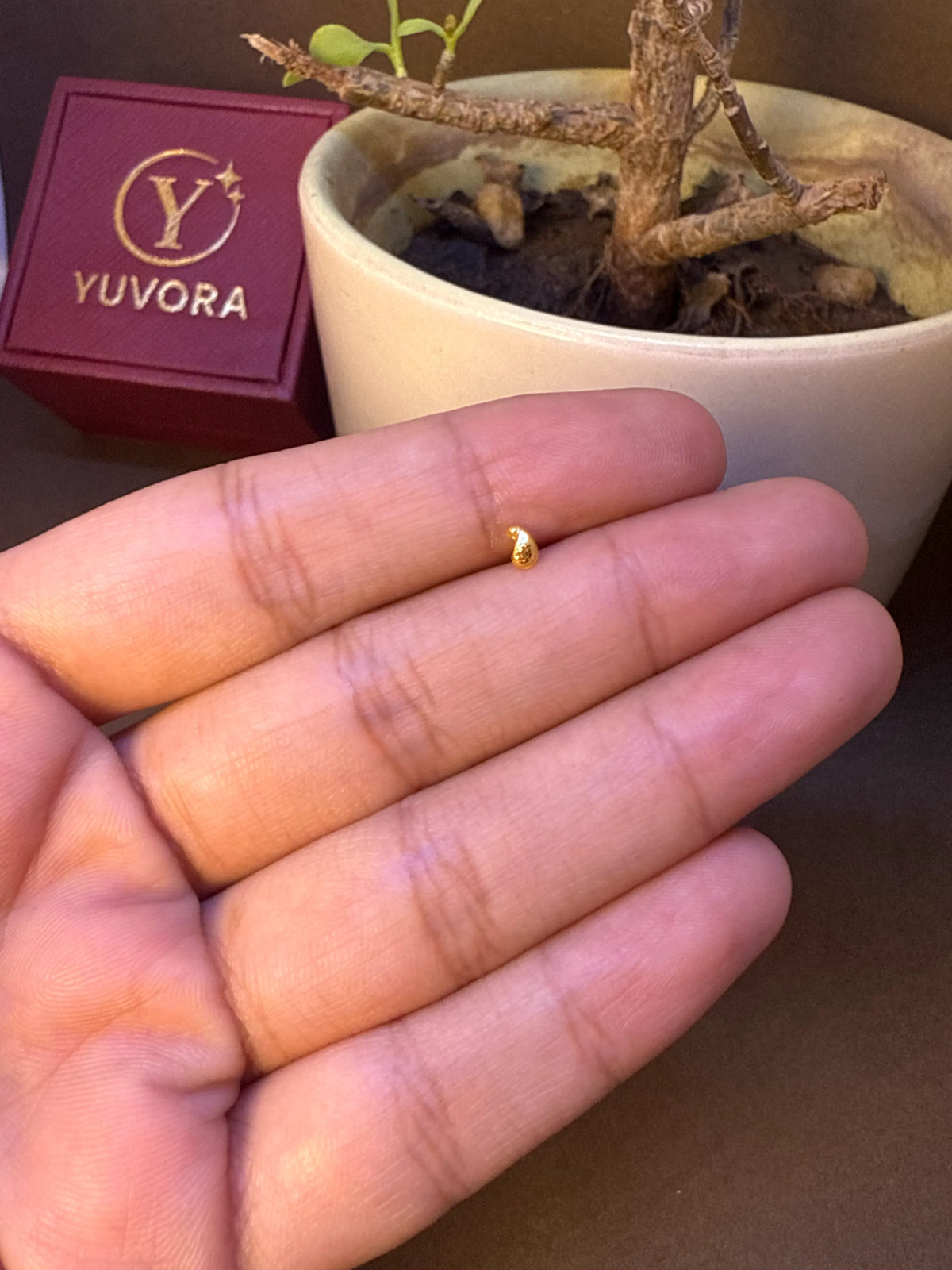 Small plain curved gold nose pin stud resting on fingers