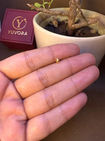 Small plain curved gold nose pin stud resting on fingers