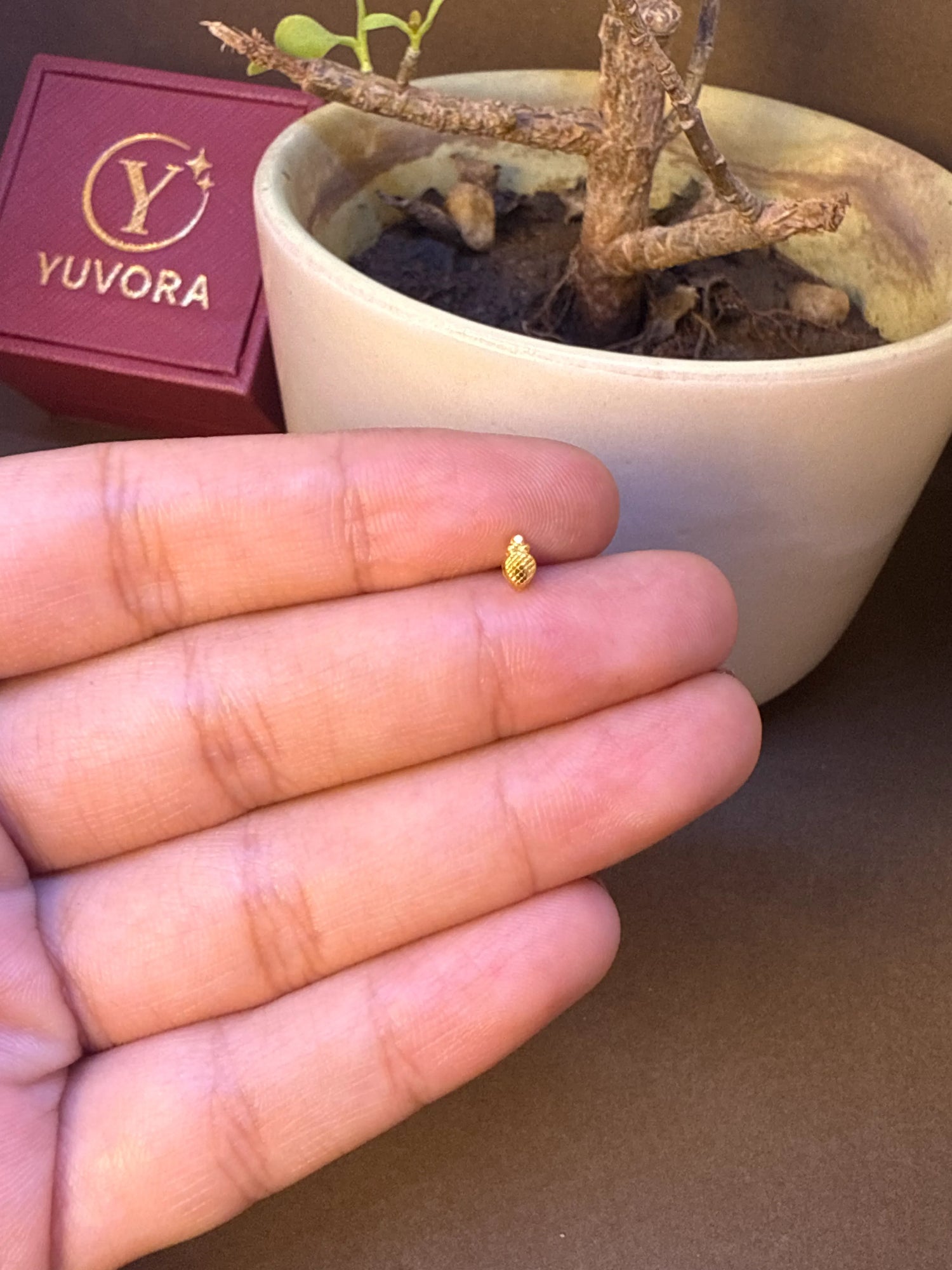 Small plain curved gold nose pin stud held on fingers