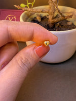 Heart-shaped gold nose pin with ridged texture and black stone center, held between fingertips