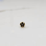 Black onyx flower cluster nose stud with round gold border, jewelry photography