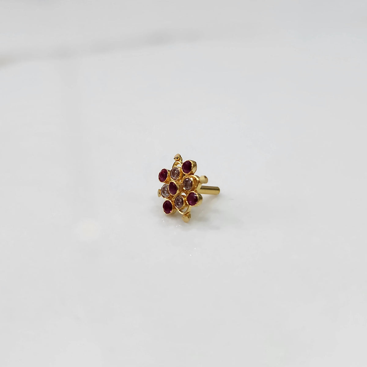 Ruby and Rose Gemstone Floral Gold Nose Pin - Flower Design with Red and Pink Stone Accents, Statement Nose Stud Online
