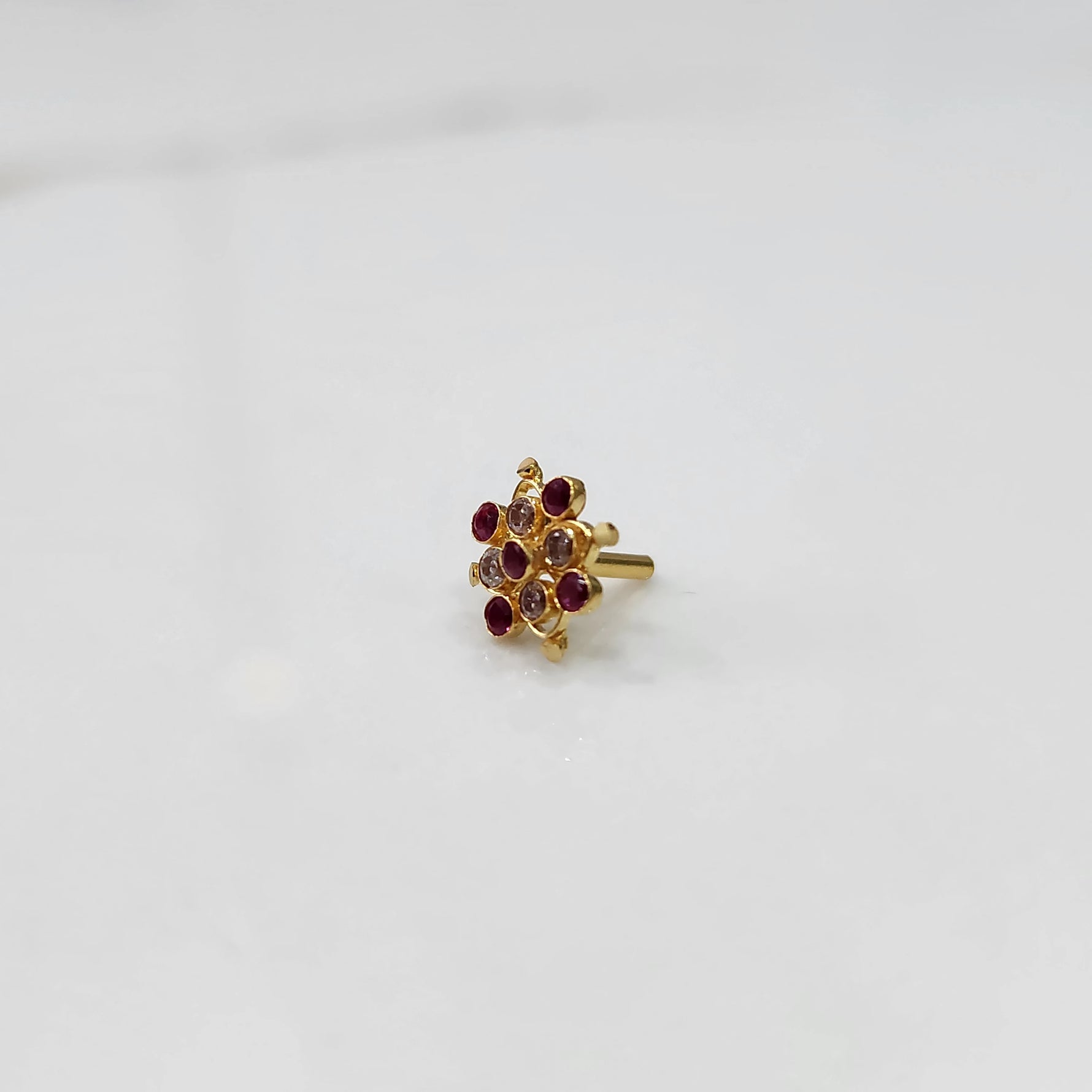 Ruby and Rose Gemstone Floral Gold Nose Pin - Flower Design with Red and Pink Stone Accents, Statement Nose Stud Online