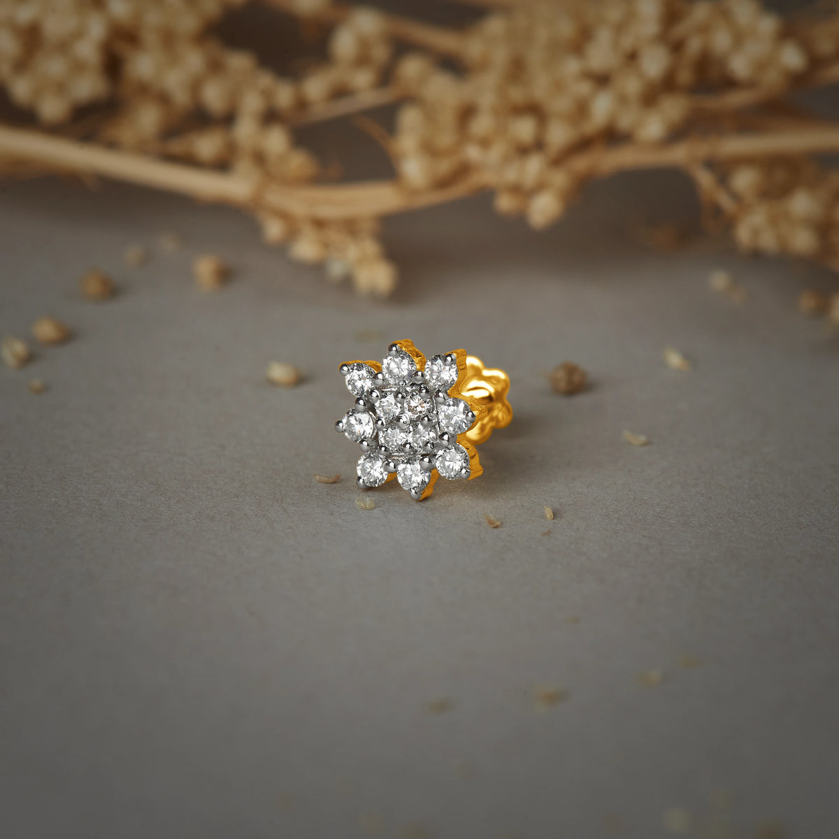 Snowblanket Gold and Diamond Nose Pin - Dense Two-Row Flower Cluster Design, Sparkling Statement Nose Stud Online