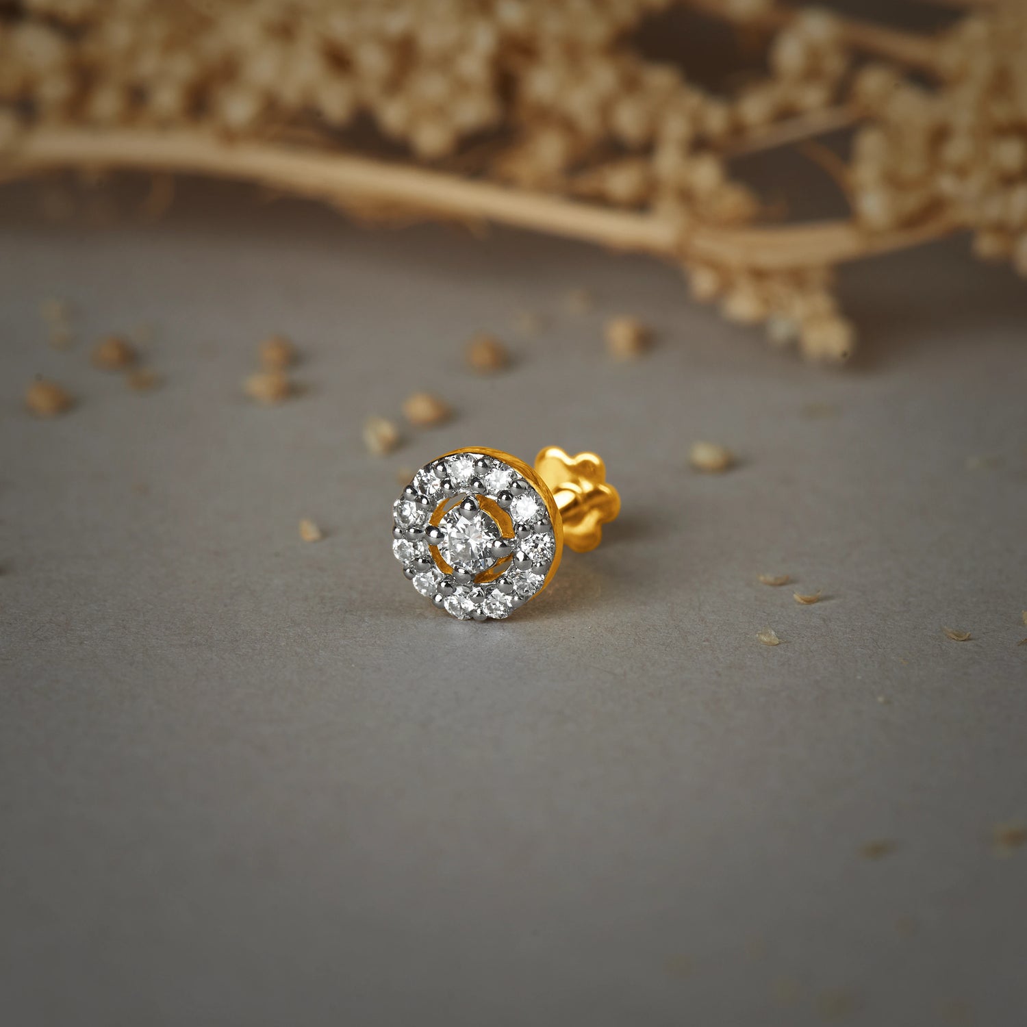 Spring Gold and Diamond Nose Pin for Women - Round Halo Design Nose Stud Online