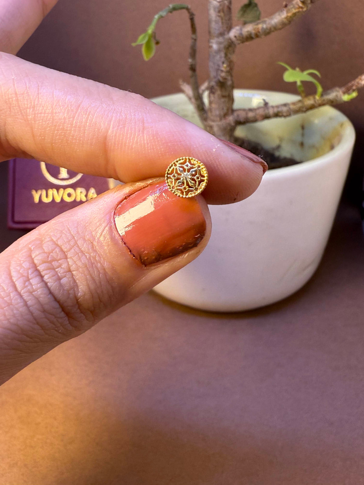 Round gold nose pin with beaded edge and star-shaped cutout, close-up view