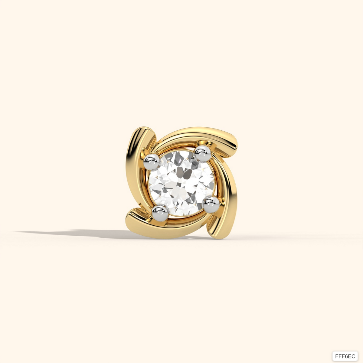 Gold nose stud with prong-set diamond in open swirl design, cream backdrop