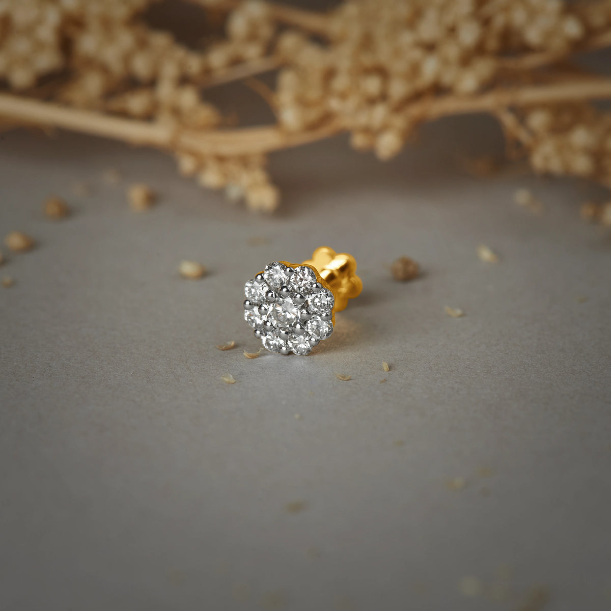Testa Gold and Diamond Nose Pin for Women - Round Flower Cluster Design with Sparkling Diamonds, Everyday Wear Nose Stud Online