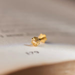 Solid gold sun or flower-shaped stud earring, macro close-up shot